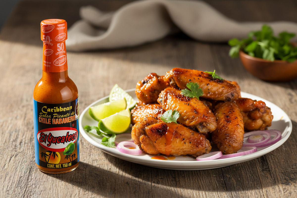 Alitas de Pollo Caribeñas con Salsa Habanero El Yucateco