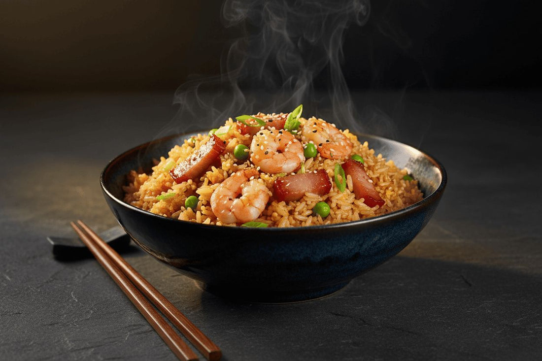 Arroz frito chino clásico Yangzhou con huevo, gambas y char siu