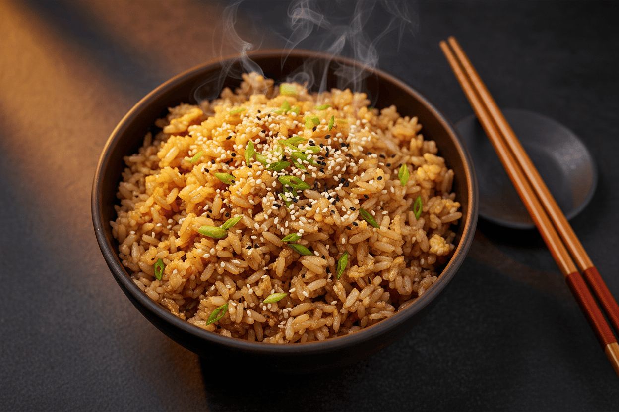 Arroz frito con huevo y salsa de soja en bol de cerámica oscura