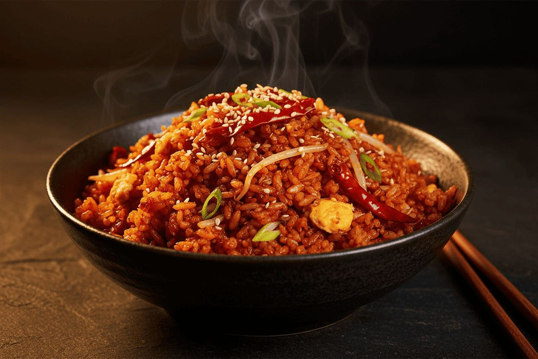 Arroz frito picante estilo Sichuan con aceite mala y huevo