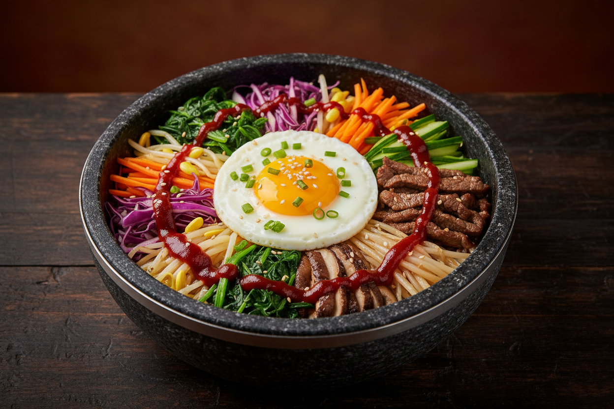 Bibimbap coreano con gochujang, huevo y verduras salteadas