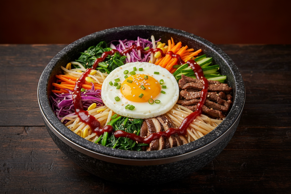 Bibimbap coreano con gochujang, huevo y verduras salteadas