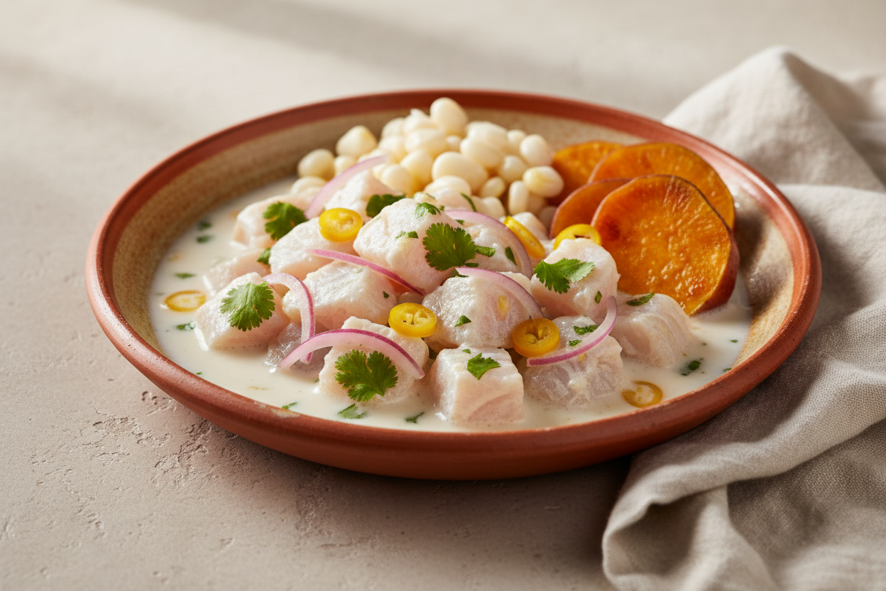 Ceviche peruano auténtico con ají amarillo: fresco, cítrico y lleno de sabor