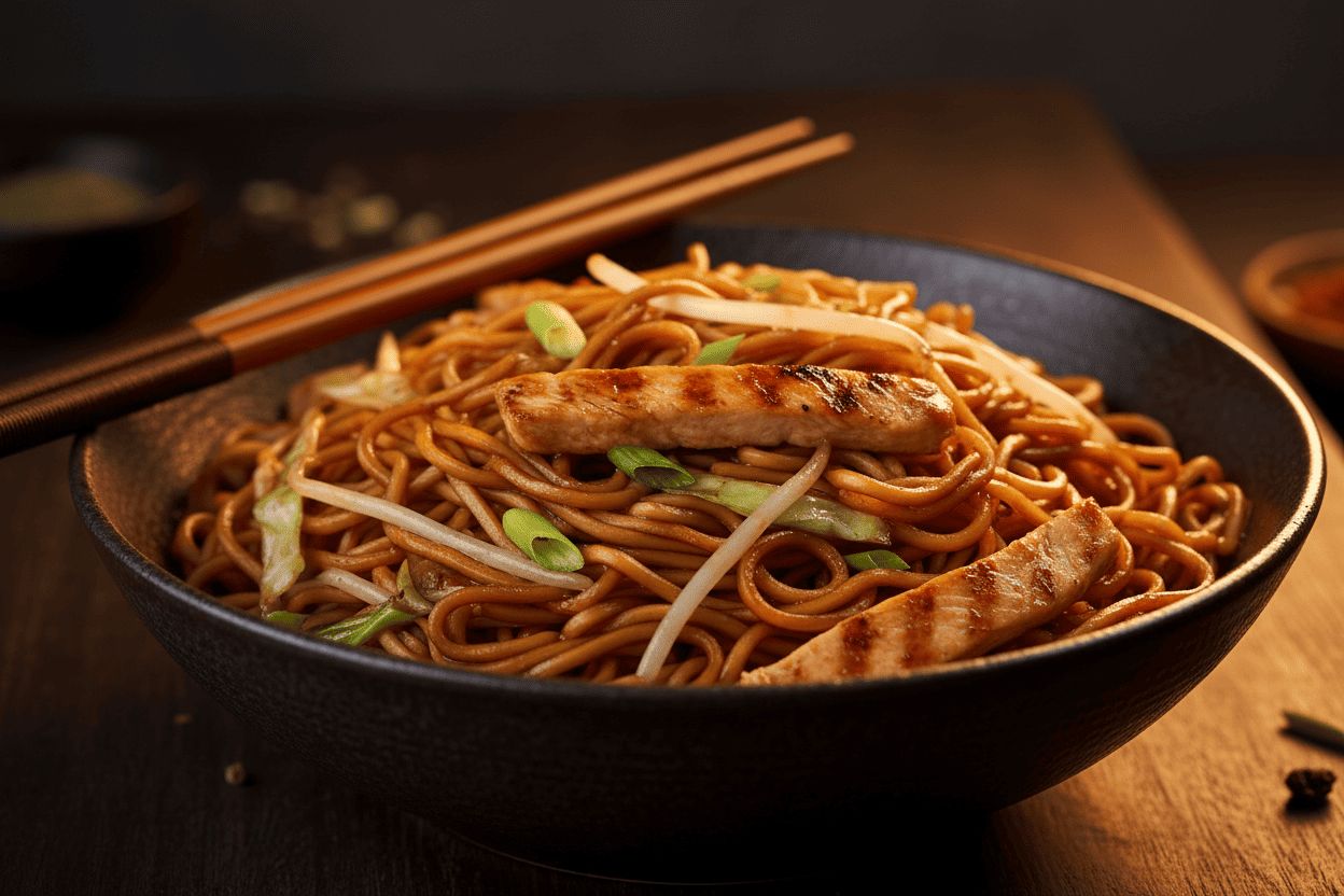 Chow mein chino clásico con fideos salteados y verduras