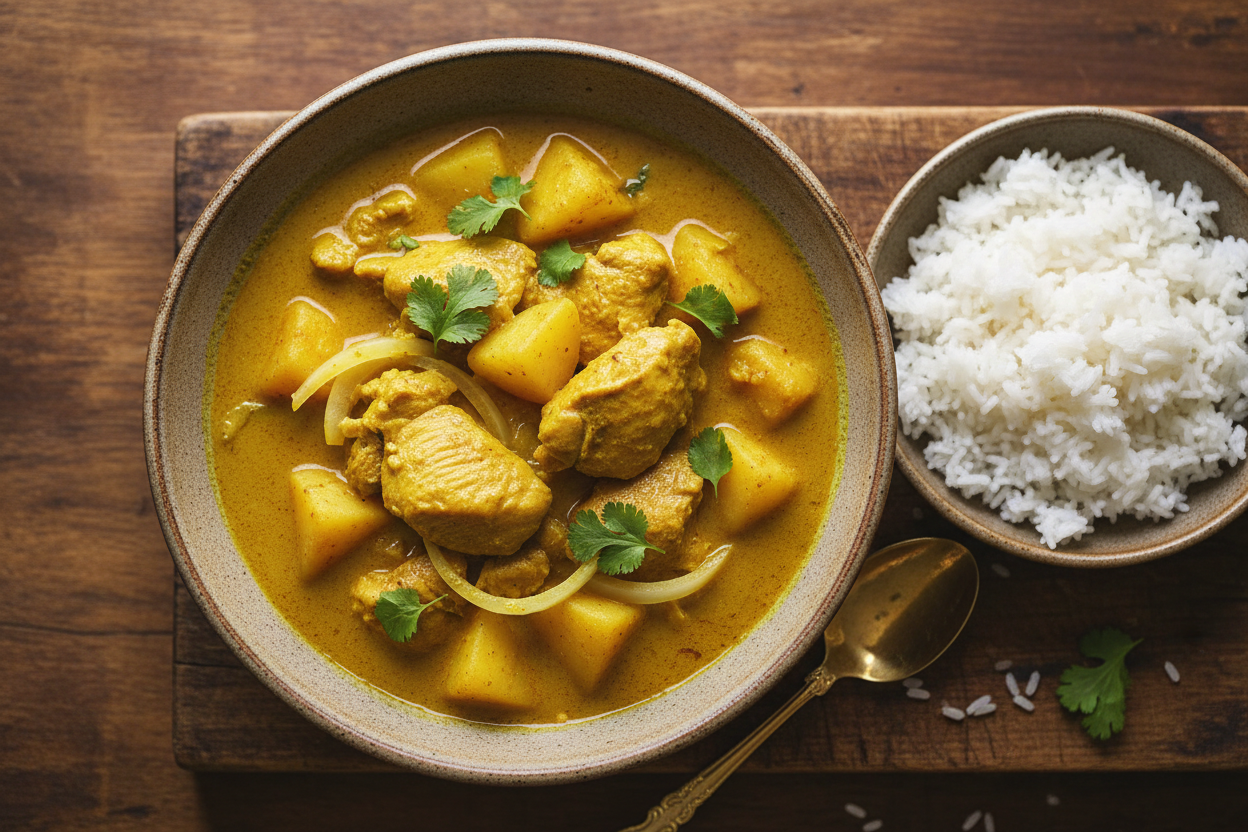 Curry amarillo tailandés con pollo y patata (suave, cremoso y auténtico)