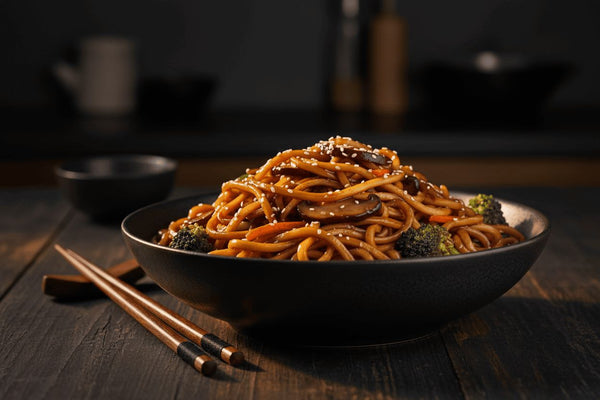 Fideos cantoneses salteados con salsa de ostras y verduras