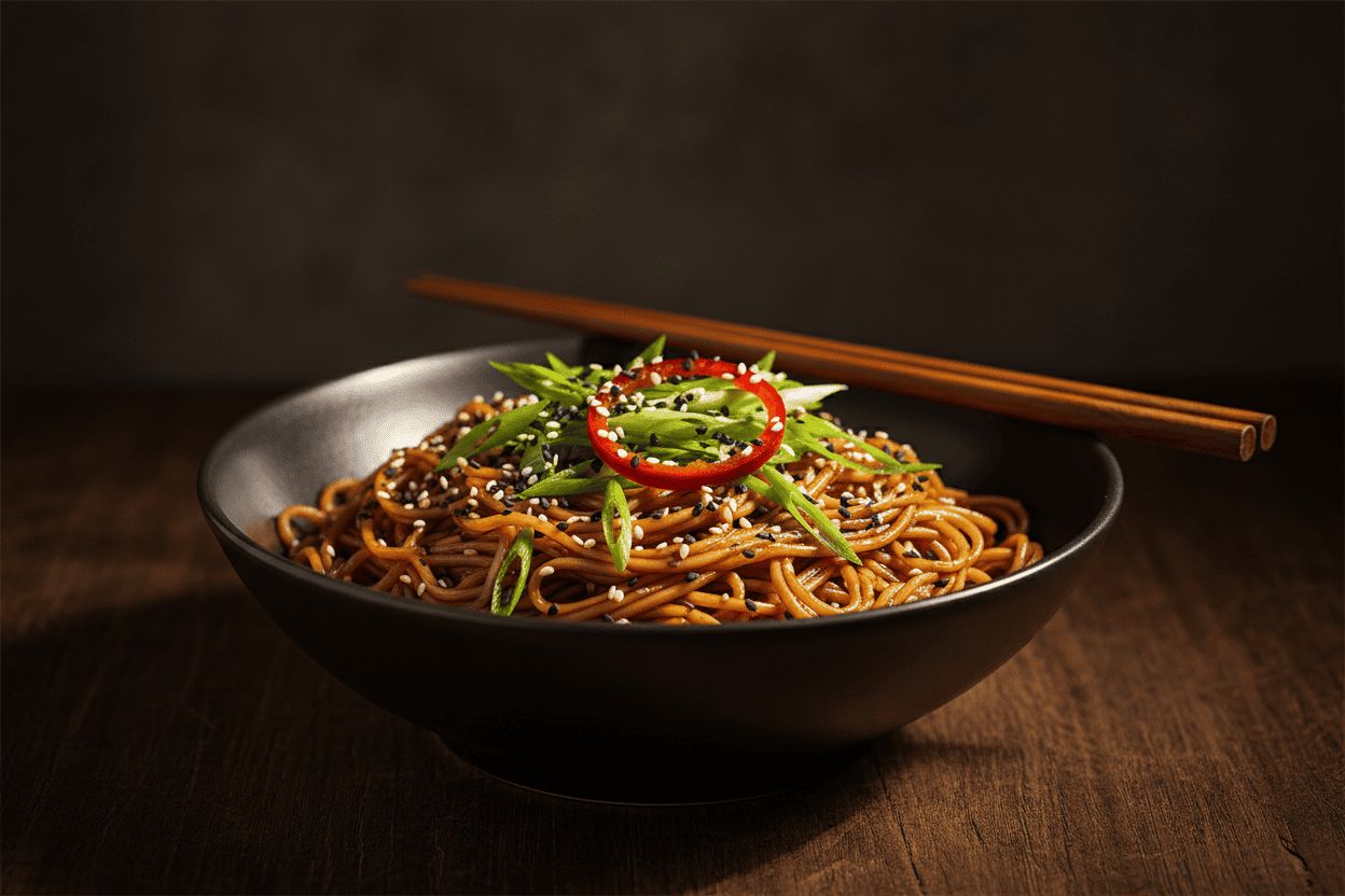 Fideos con salsa de soja y aceite de sésamo con cebolleta y semillas