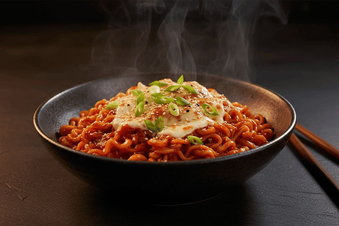 Fideos coreanos picantes Buldak con queso fundido y cebolleta