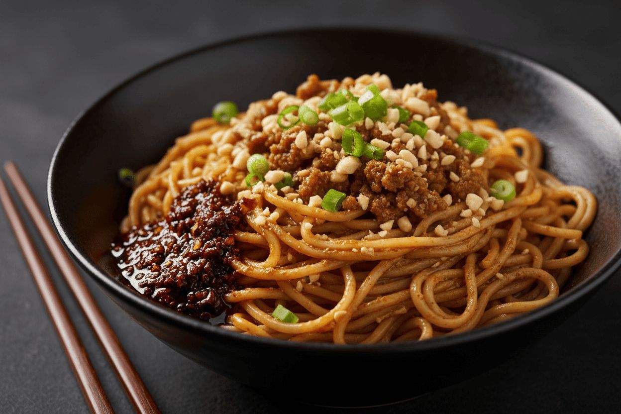 Dan dan mian fideos picantes Sichuan con salsa de sésamo y aceite de chili