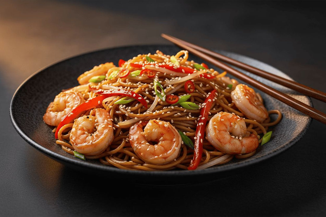 Fideos salteados con gambas y salsa de soja