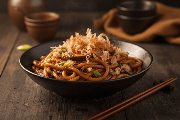 Fideos udon salteados japoneses con setas y salsa de ostras
