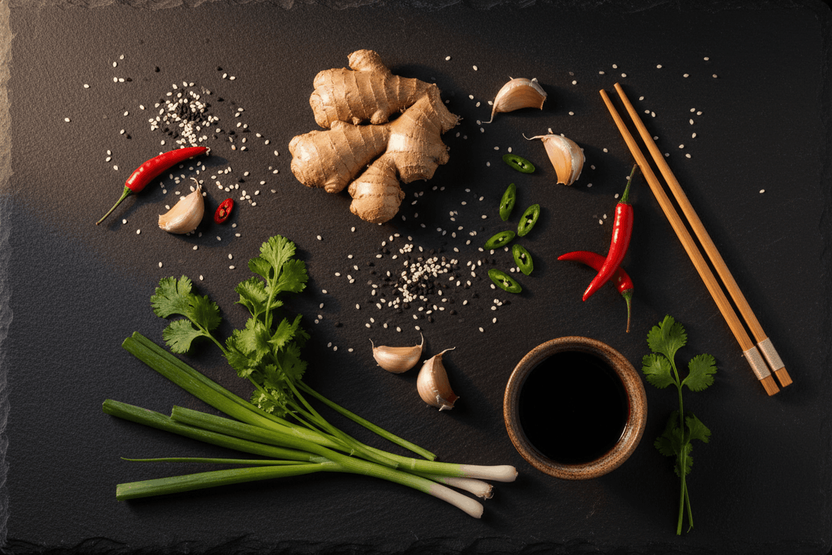Ingredientes básicos de la despensa asiática sobre pizarra oscura con palillos y semillas de sésamo