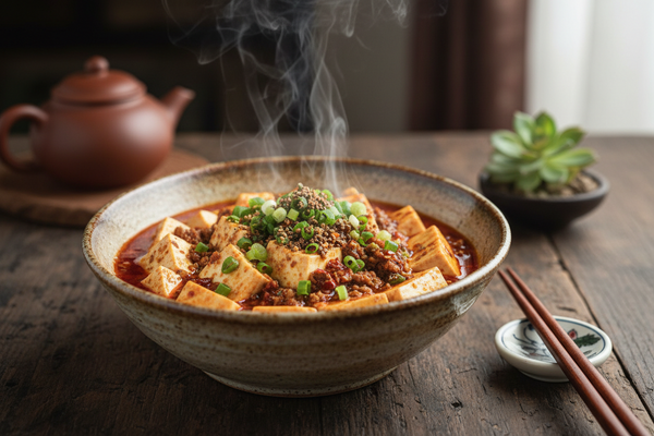 Mapo Tofu auténtico de Sichuan con aceite picante y cebollino