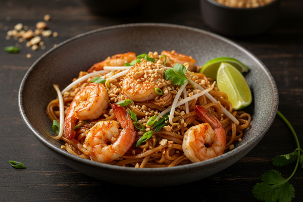 Pad Thai casero con gambas, cacahuetes y lima al estilo tailandés