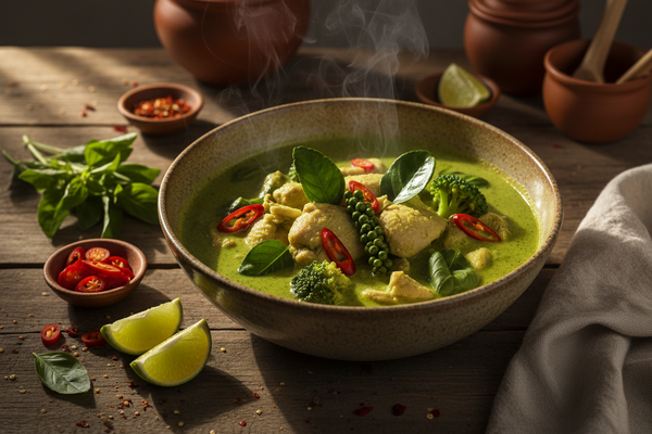 Curry verde tailandés con leche de coco y arroz jazmín