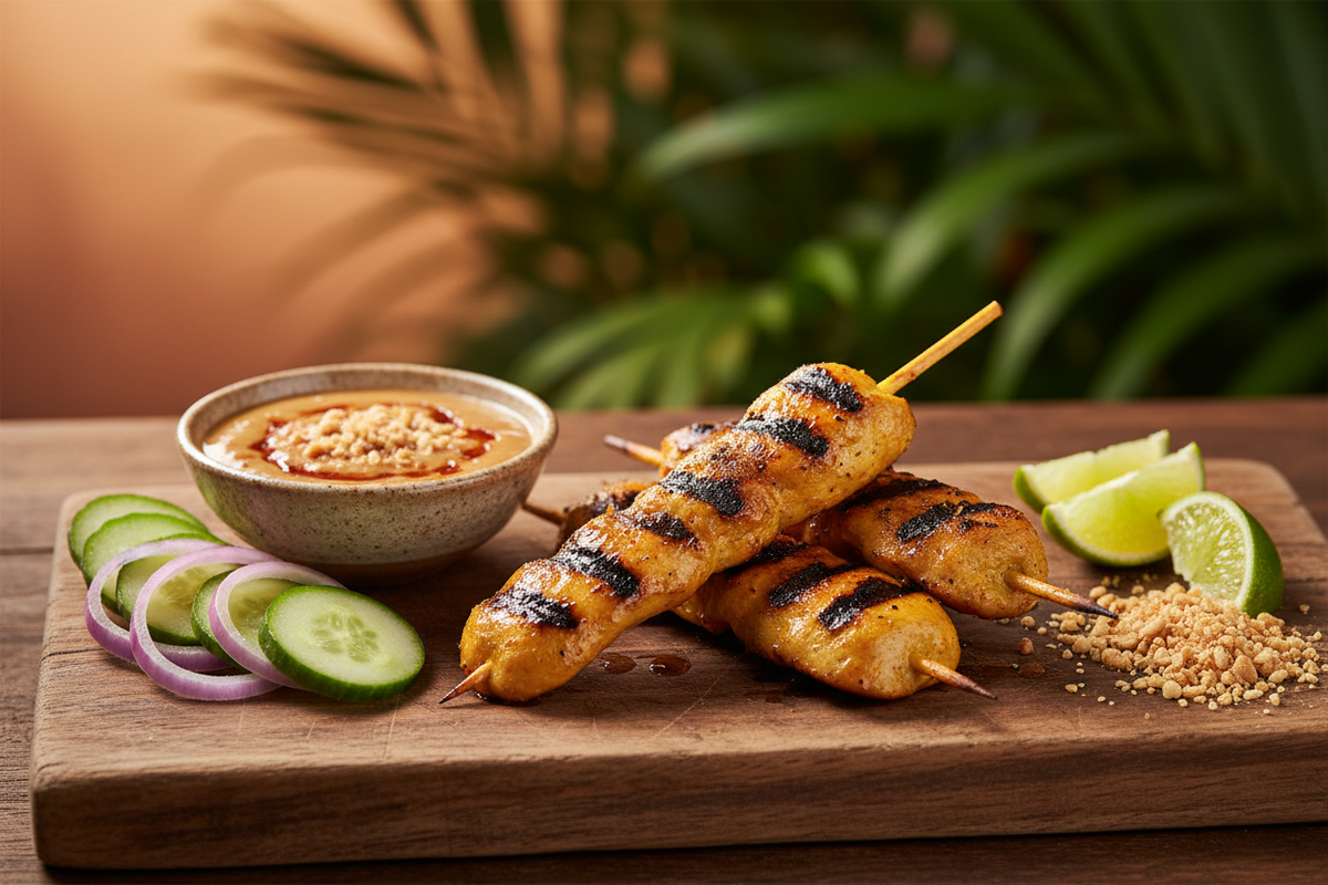 Pollo Satay con salsa de cacahuete: brochetas del sudeste asiático en casa
