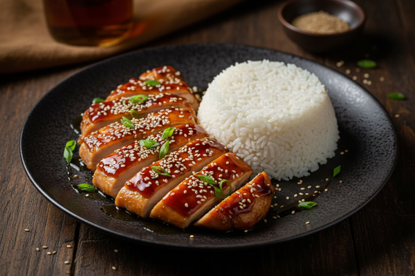 Pollo teriyaki glaseado con sésamo y arroz blanco al estilo japonés