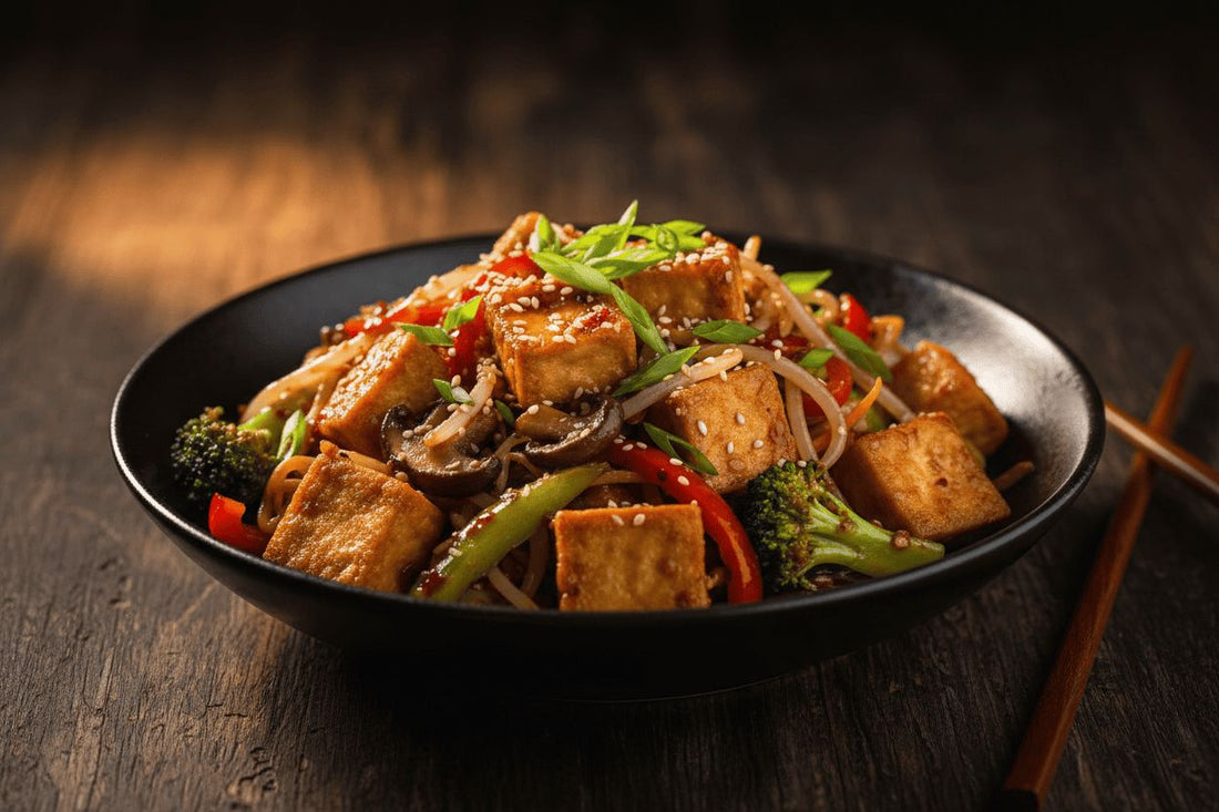 Tofu salteado con verduras y salsa picante asiática