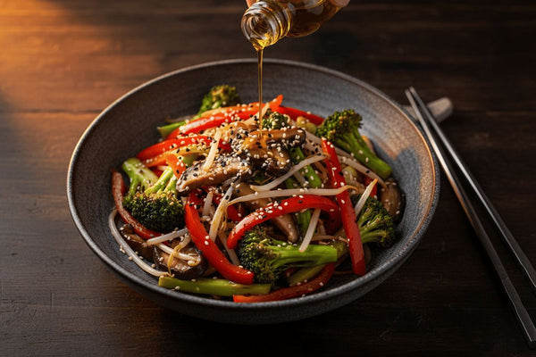 Verduras salteadas con ajo, salsa de soja y aceite de sésamo