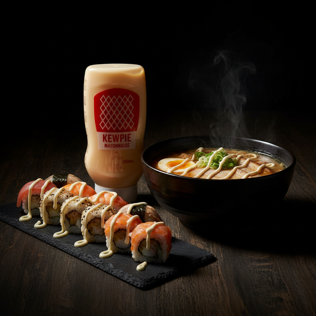 Mayonesa Kewpie con sushi y ramen sobre madera oscura