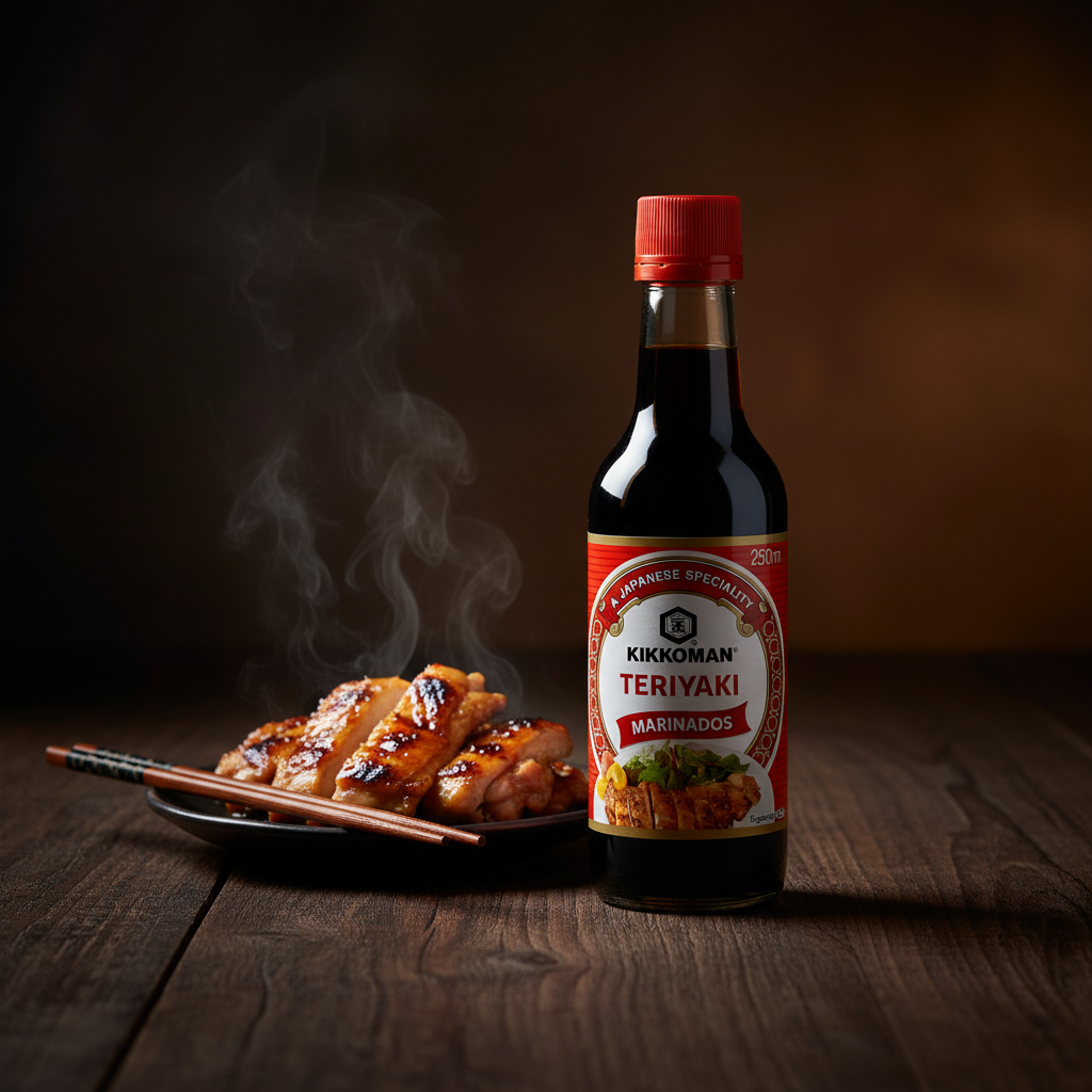 Salsa Teriyaki Kikkoman con pollo glaseado sobre madera oscura