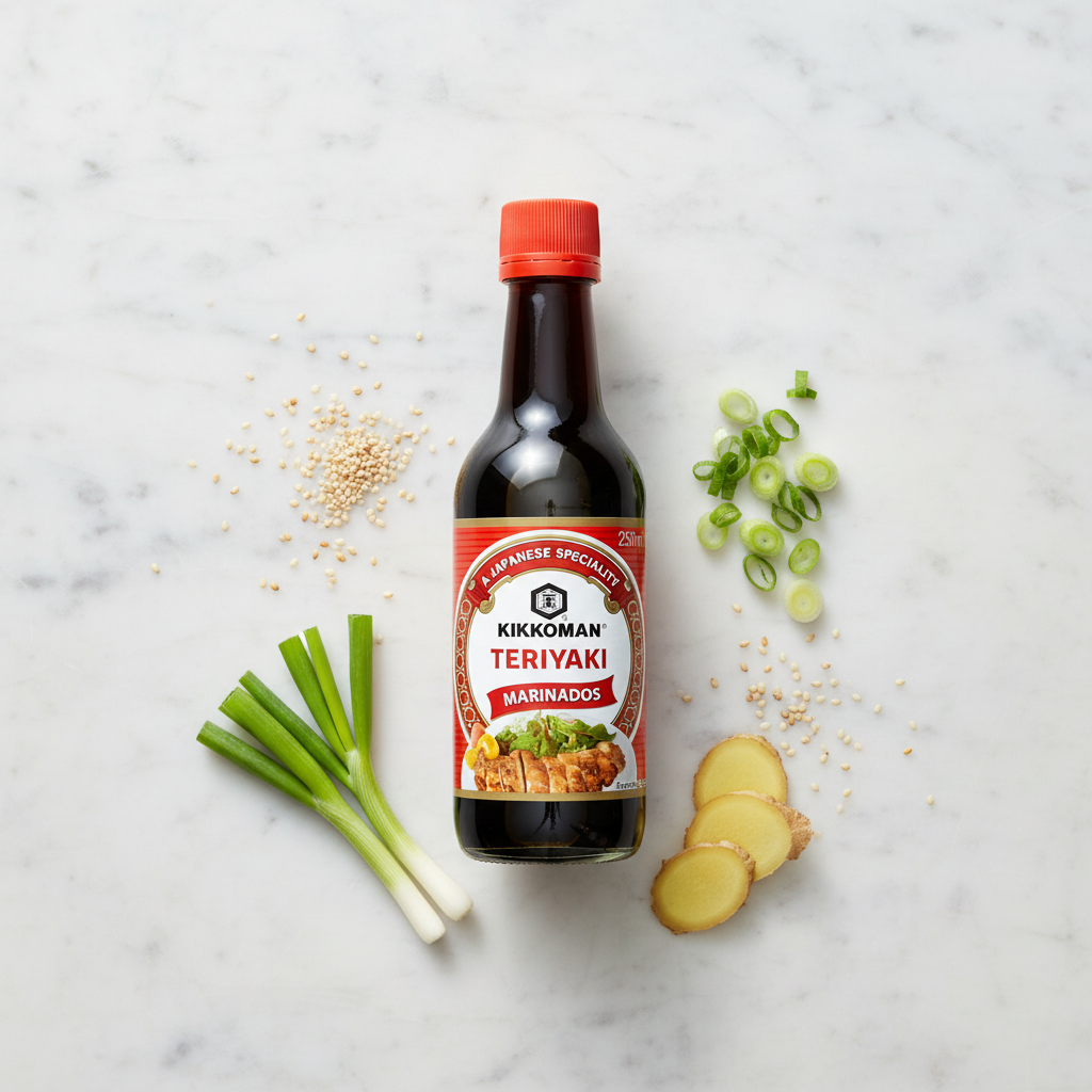 Salsa Teriyaki Kikkoman sobre mármol blanco con ingredientes japoneses