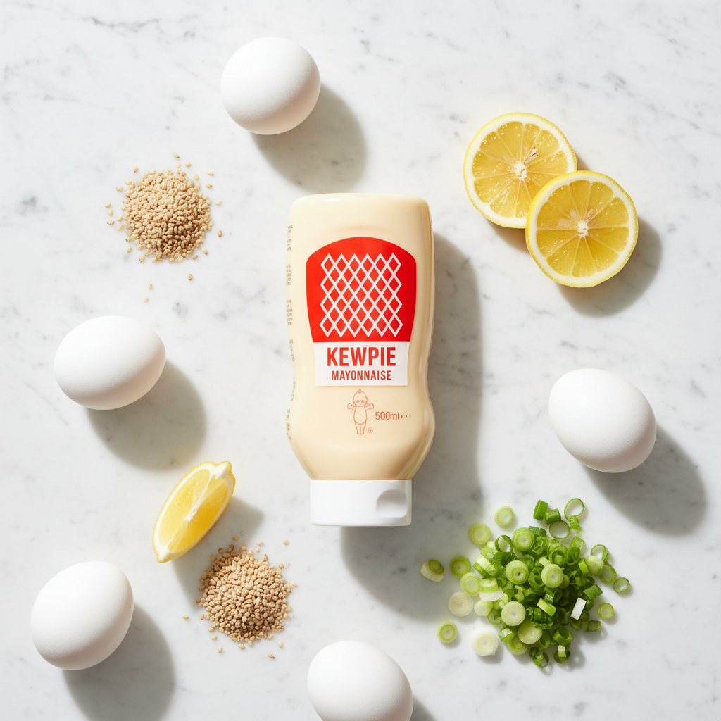Mayonesa Kewpie sobre mármol blanco con ingredientes japoneses